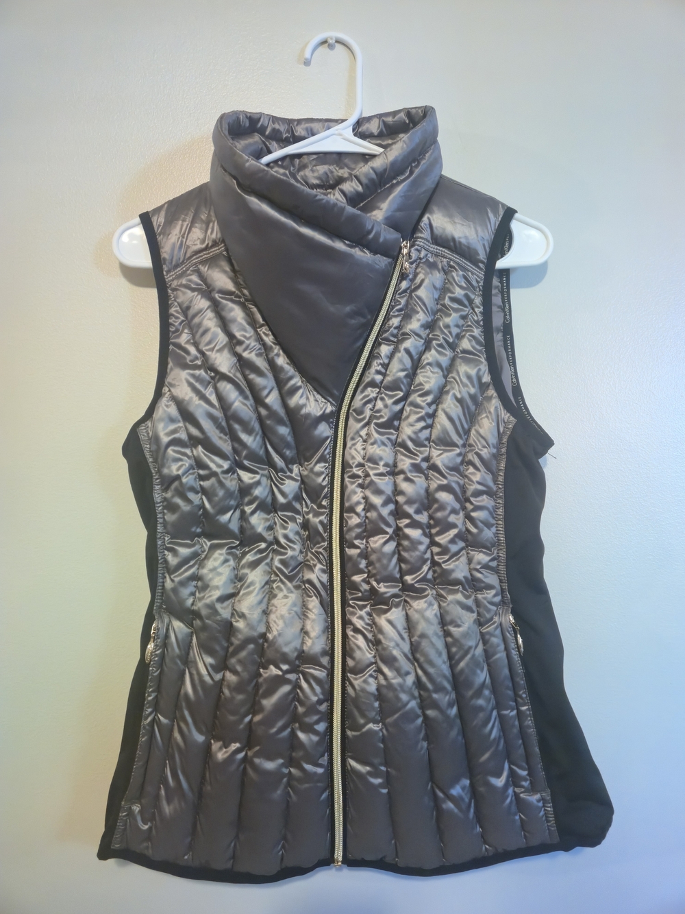 Calvin Klein Silver Quilted Sleeveless Vest with Asymmetrical Zip Collar